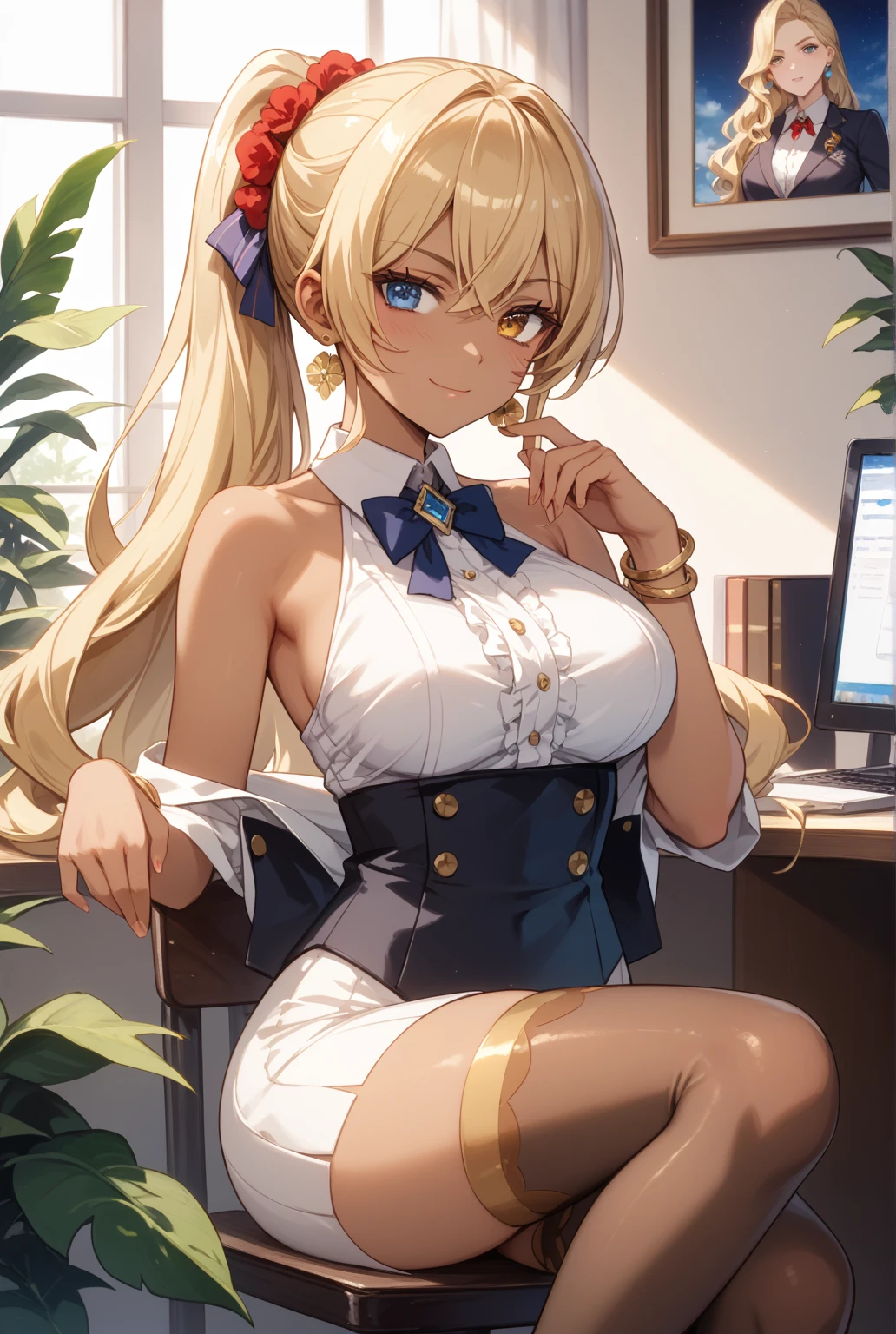 ((Masterpiece), (Best Quality)) 1girl, Mejiro McQueen, Mejiro McQueen\(umamusume\), blonde hair, long hair, horse ears, horse girl, slut, white shirt, jacket, (black fur trimmed:1.2), sleeveless, skirt, miniskirt, microskirt, navel, detailed background, (alley:1.3), squatting, spread legs ,back the wall, (alley), infront of the viewer, golden bracelet, wrist ring, (o-ring), high heels, (thong), panties, (dark skin, dark-skinned female:1.3), , nodded head, underboob, (explessionless:1.2), blonde hair, milf, mature women, sagging breast, large breast, (puffy nipple:0.8), big belly, chubby, plump