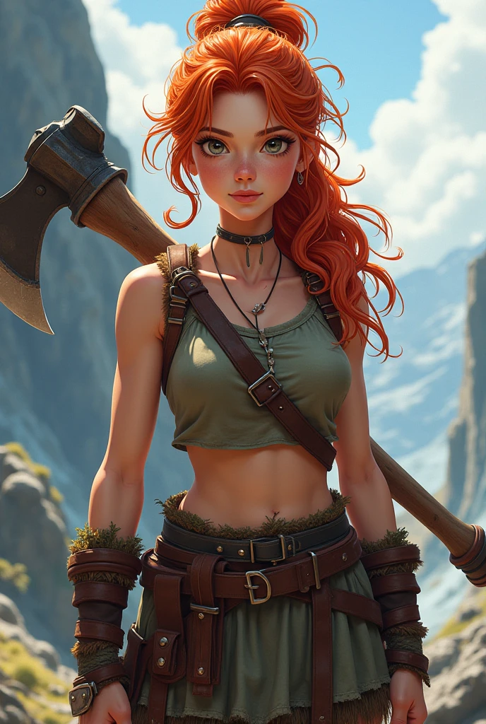 masterpiece, best quality, brilliant details, cinematic lighting, exciting perspective, young pretty woman, beautiful face, perfect eyes, big firm breasts, perfect proportions, norse type, flawless skin, textured skin, topless, cameltoe, cinematic pose, red hair, viking warrior, ice sea coast