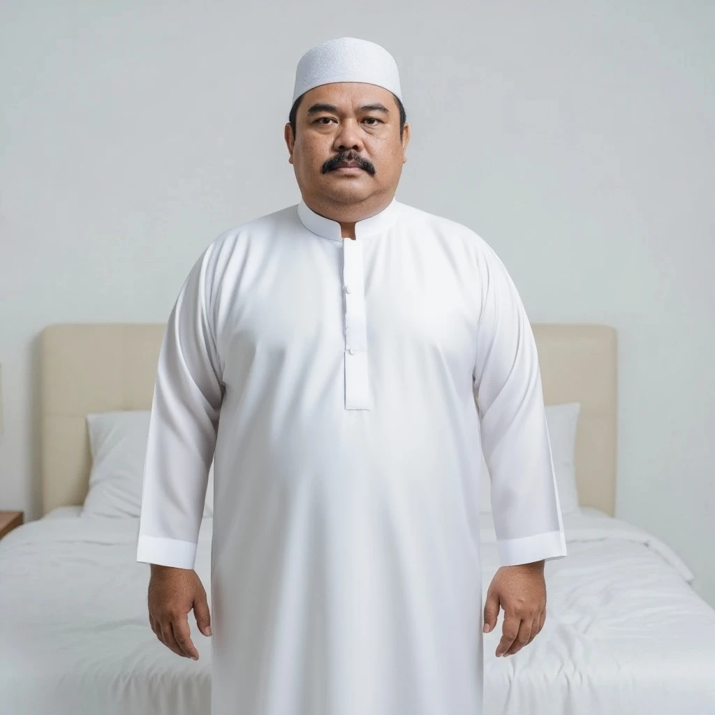 A chubby man, oval face, wearing a white robe, is in a mosque, with an aesthetic view, clear white lighting, is standing, smiling