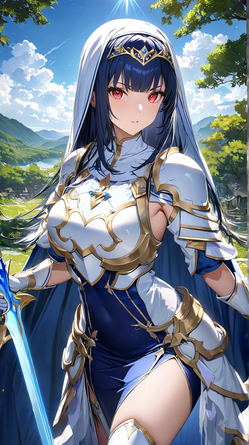 Highest quality、unity 8k wallpaper、32k、masterpiece、Very detailed、Ultra-high resolution、Very detailedな顔, RAW Photos, Professional, Ultra-fine painting,　Midnight blue long straight hair、Platinum tiara with blue gemstones、Red Eyes、(Tree Eyes), Cool and sharp features, Hime cut, 20～A female magical warrior, about 24 years old.、White and gold breastplate、Blue and white leotard、(((Blue and white gold-embellished pencil skirt with side armor and long slits)))、Half puff sleeves with shoulder pads、A large white ribbon with a large sapphire on the chest、White and blue long gloves、White and blue thigh-high stiletto boots、whole body、He has a spear with a glowing blue blade