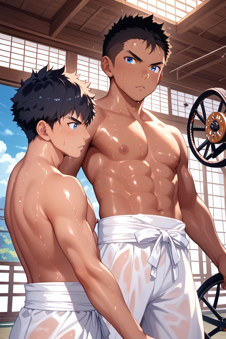 super fine illustrations,Animate,Lewd expression,Sexy,Gay,pleasant sensation,perspired,（Shirtless）,Heart to eye,Ponytail hairstyle，Parted bangs,whaite hair,Purple eye,White skin,Full body like，（Only briefs are worn），（Conspicuous male genitalia），byself，drenched all over the body，Precise legs，Be red in the face，（Huge male genitalia，big breasts exposed cleavage，Genital details），（9-year-old human male），flatchest，There are some muscles，lovely boy，There are no women