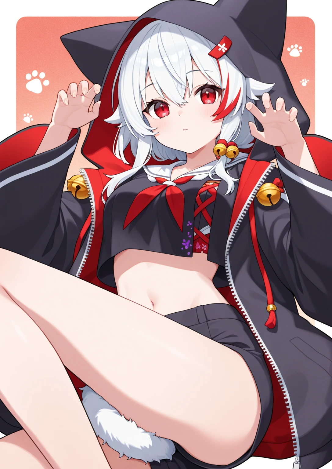 masterpiece, Highest quality, High resolution, wonderful, low-tied long hair, Black Hair, Red eyes, clavicle, black jacket, fox ear, fox tail, Red ear hair, multicolored hair, multicolored tail, red streaks, Red and black tail, claw pose,