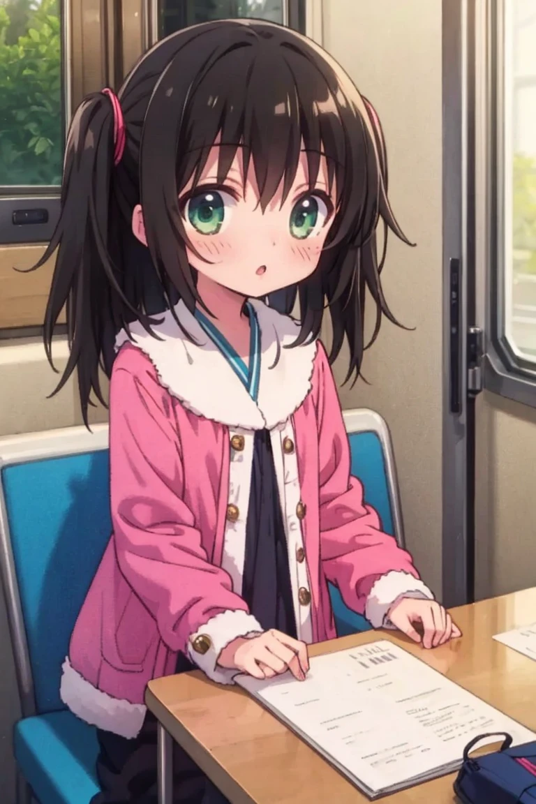 A middle-aged molester is touching the lower body of a crying girl with short black hair and small breasts, wearing a blazer and uniform, standing on a train.