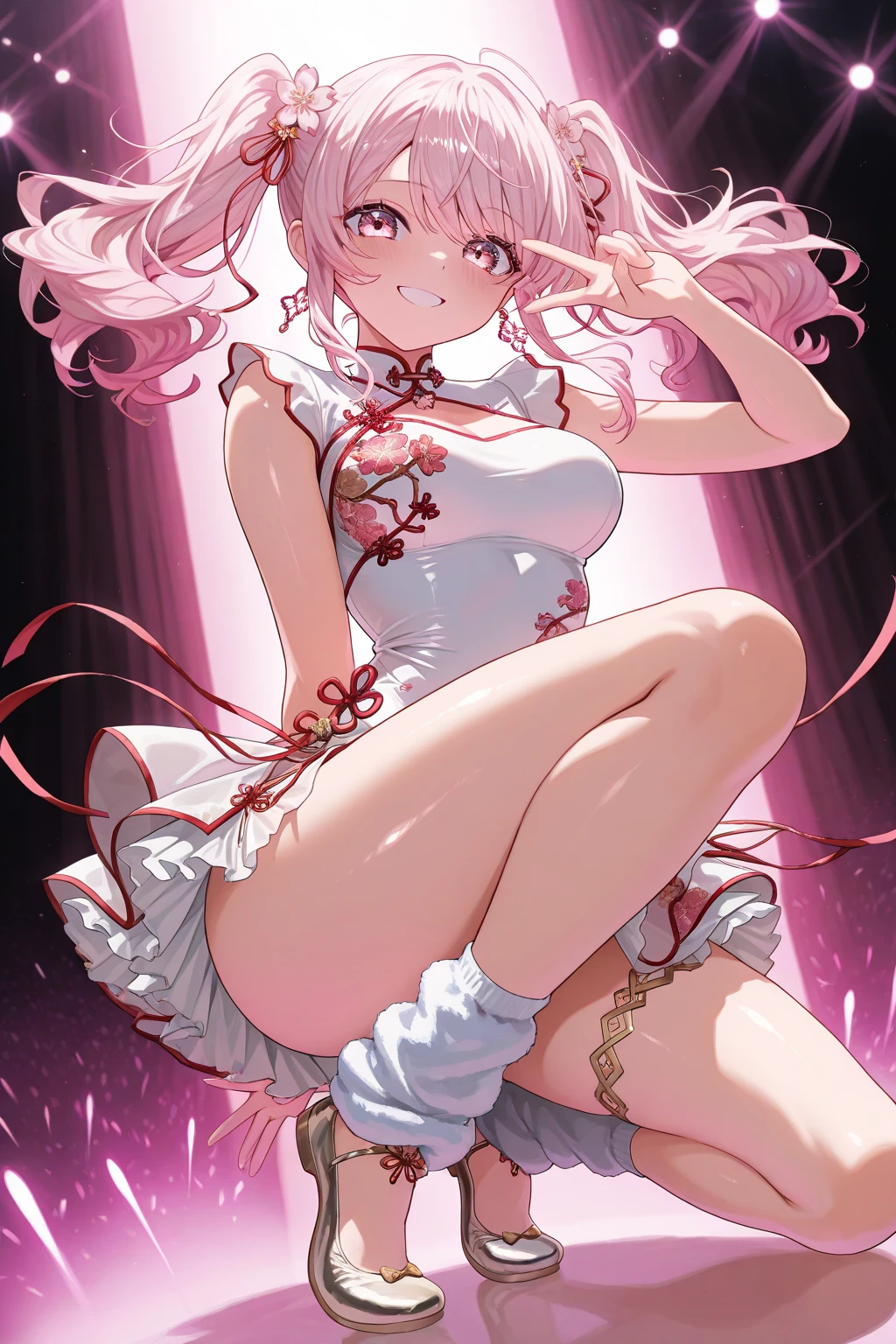 A girl with long white hair with pink,with a very short dress,with big nipples, showing her legs