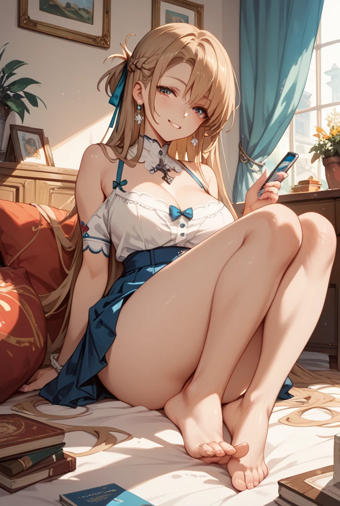 最high quality、Best image quality、masterpiece、With a girl((18-year-old、 White underwear、Best Bust、Bust 85、Blonde、semi-long、blue eyes、Open your chest wide、valley、happiness、Slender、Mischievous face、Lie on your back、On the bed、Face the viewer、Make your point to your audience))high quality、camera film style、background((Beautifully lit room))、Tabletop、Cool Style、Exquisite design、Visual Arts