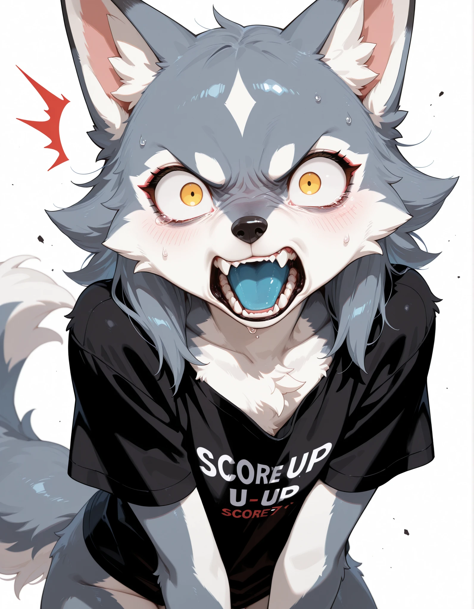 masterpiece, best quality, amazing quality, best quality, anime, 4k, exaggerated expression, very aesthetic, solo, white background, detailed face and body, solo, simple eyes, anthro, furry wolf, angry, surprised, bottomless, black mini shirt, looking at viewer,