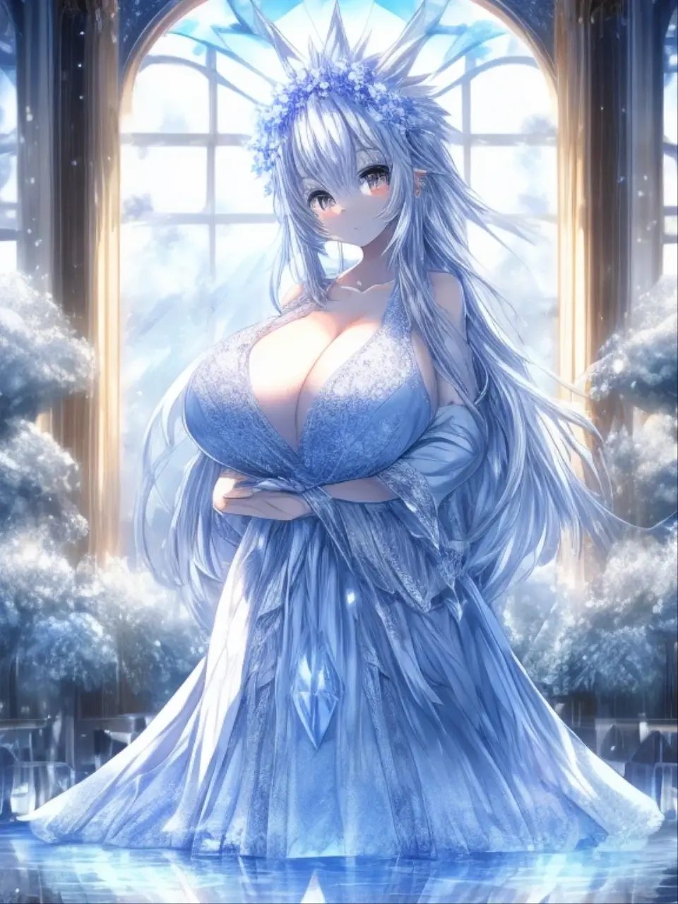 (High quality, High resolution, Fine details, Realistic), princess of ice castle, sparkling snowflakes, ethereal atmosphere, royal elegance, (dramatic lighting), elaborate crown, shimmering winter gown, graceful posture, (soft moonlight casting a mysterious glow), sparkling tiara, crystal-clear complexion, (warm glow illuminating the castle), solo, women, sparkling eyes, (Detailed eyes), smile, Large breasts