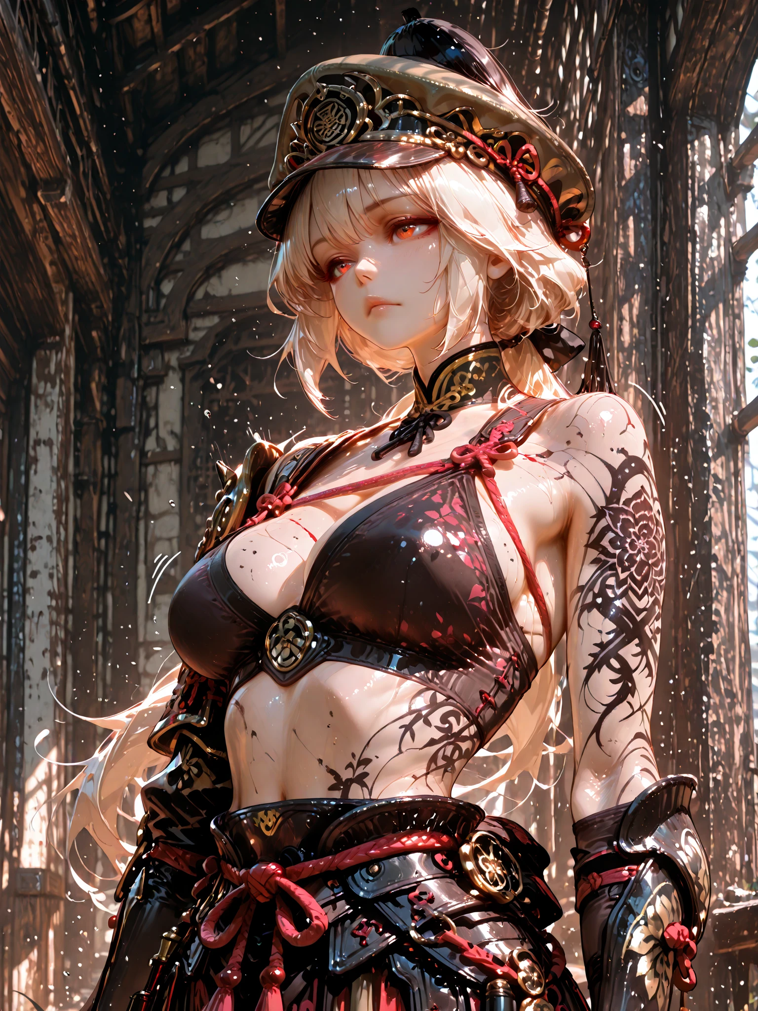  ((best quality)), ((masterpiece)), (detailed), 1girl, NSFW, small breasts, prominent collarbones, skinny arms, flat stomach, visible hip bones, long hair, ponytail, thick ponytail, heavy ponytail, red and white clothing, Bloodborne inspired, occult aesthetic, occult, detailed and intricate steampunk and detailed gothic 