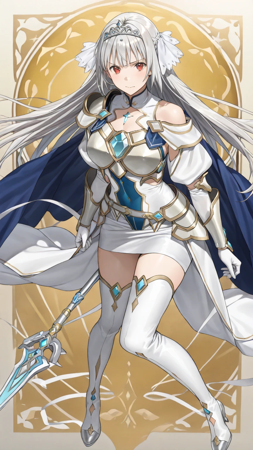 silver-haired elves、Has a beautiful giant sword、Gold decorated weapon、The blade is thick、Beautifully decorated blade、