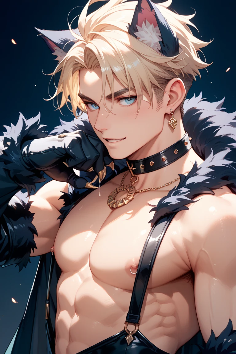 alone, good looking, 1 male, by the wide, middle parted hair, light yellow hair, blue eyes, black shirt, White Thailand, black trench coat, Real silver jewelry, Real devil earrings, fallen Angel, ABS, high 1.95