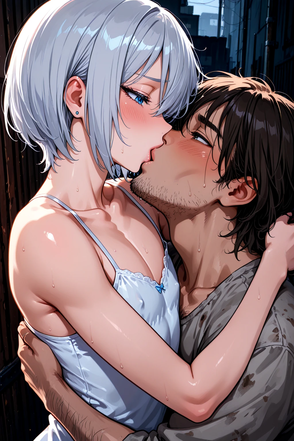 nsfw,(super fine illustration,8K CG wallpaper,best quality,extremely detailed,ultra high res,best aesthetic),(cowboy shot,from front),idolmaster, {{{anastasia}}}, (16yo, beautiful girl),(beautiful blue eyes), (beautiful silver hair), ((((extra short hair)))), ((spiky hair)), (((mullet hairstyle))), (wet hair), (wet skin), (sweat), (steam), (flat chests,midium breasts),((slender and tall)),(blue idol dress),(open clothes),(pubic silver hair:1.4),(half-closed eyes),feel good, blush cheeks, arched back, get down on all fours, boob on stage, (naked face out man:1.3), (man behind woman), (intense Sex:1.6), (doggy style sex:1.4), vaginal penis, hetero, (man hold woman's waist:1.4), (cum out), nsfw, live stage, spotlight,out tongue,