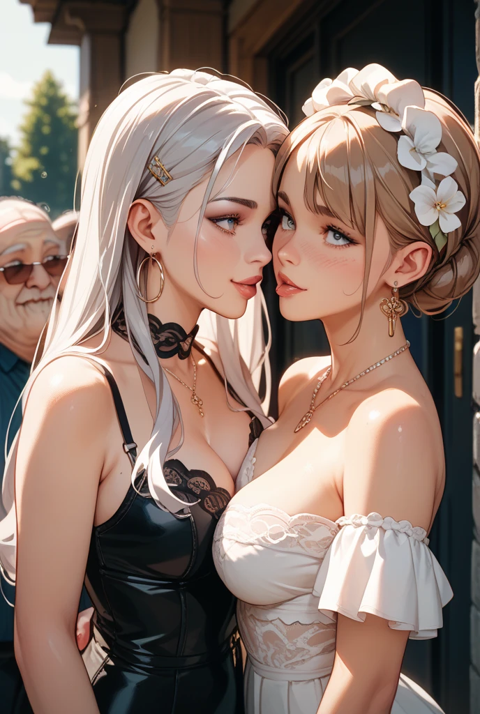(Best Quality, 8k, 32k, Masterpiece, UHD:1.3), (Photo of Attractive Korean Woman), 2 Girls are kissing, (super huge Boobs:1.2), (long light curly white hair), Abs, Perfect Body, Ultra Detailed Face, Detailed Lips, Lust Eyes, double eyelids, on the bed, (seductive), ((aroused:1.5)), ((areolae slip)), Full body, lingerie, high black stokcking, official lady, side tie t-back, wearing thin frame oval glasses, short wave white hair japanese goddess, lying on bed, gorgeous maid, beautiful asian girl, korean girl, japanese model, japanese, asian girl, sexy girl, asian, sakimichan, korean woman, seductive, lovely woman, captivating and enticing, (RAW photo: 1.2), top quality, beautiful detailed girl, from below, bob, highly detailed eyes and face, beautiful detailed eyes, huge file size, high resolution, 8k wallpaper, fine detail, highly detailed ticker uniform 8k wallpaper, light on face, movie lighting, 18 year old girl, sexy pose, (photorealism: 1.4), illustration, Super detail, masterpiece, shy look, shy, lewd,very big tits,very huge boobs, (super huge Boobs:1.3), double breasts, seductive, wet skin, necklace, earings, sexy, bare shoulders, bare waist, bare breast, glasses, kissing each other