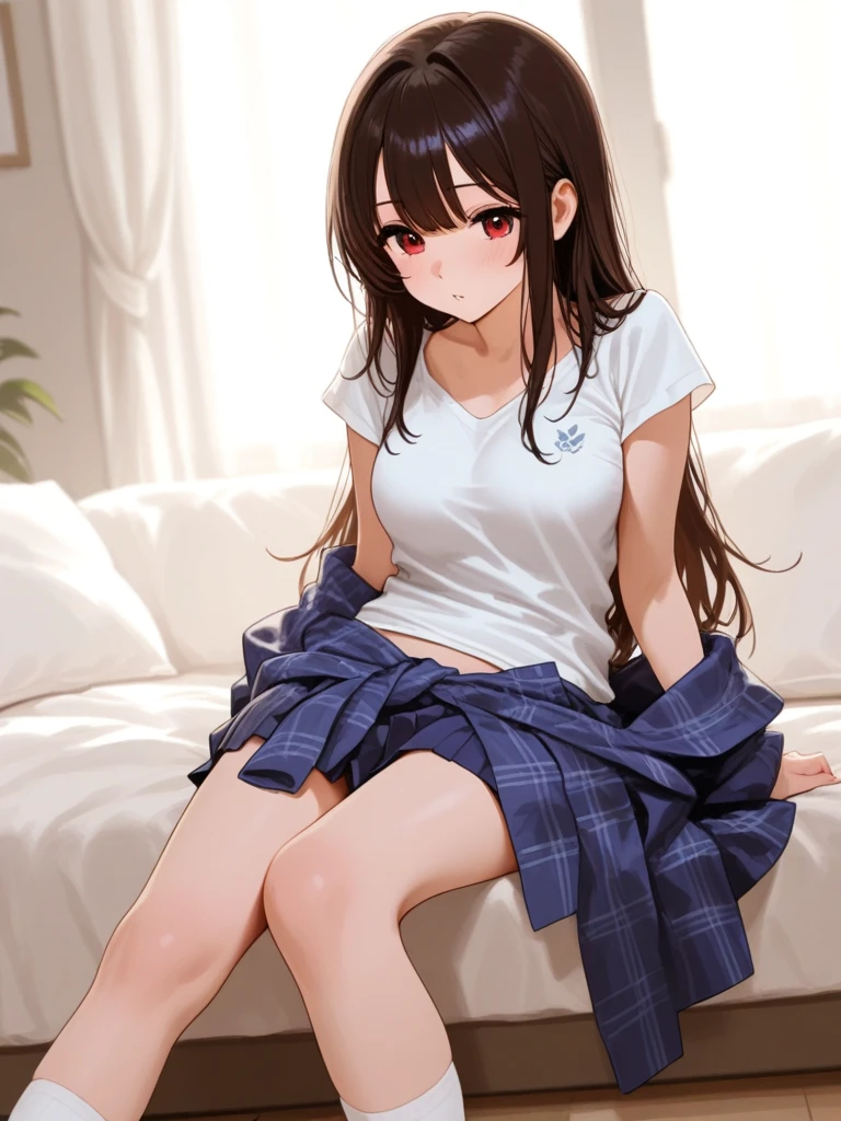 (Masterpiece, highest quality, high resolution, realistic photos, realistic looking skin:1.1),
(Woman shows her panties to us as she stands, sits, and crouches in the living room of her apartment: 1.8), 
(She looks happy and smiling: 1.5),
(She is wearing a sleeveless all-white turtleneck knit: 1.8),
(She is wearing a blue flared pleated miniskirt:1.8),
(She is wearing white loose socks:1.8),
(Her panties are white with a pattern: 1.5),
(She has long brown hair: 1.5),
(She is 20 years old: 1.5),
(She is a model, so she is quite beautiful:1.5), 
(She has D-cup breasts: 1.5),
(She has beautiful legs: 1.5),
(The place is the living room of a luxury apartment: 1.5),
1 Japanese girl, solo, full bodied esbian, beautiful eyes, shining eyes, shining thighs, NSFW