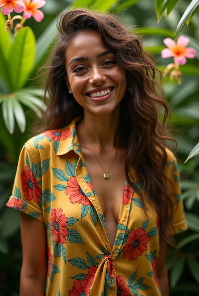 A Brazilian woman in a lush tropical garden, wearing an open shirt with a floral print, with a close-up capturing the harmonious beauty between her breasts and the natural flowers, showing off your natural charm and outgoing personality.
