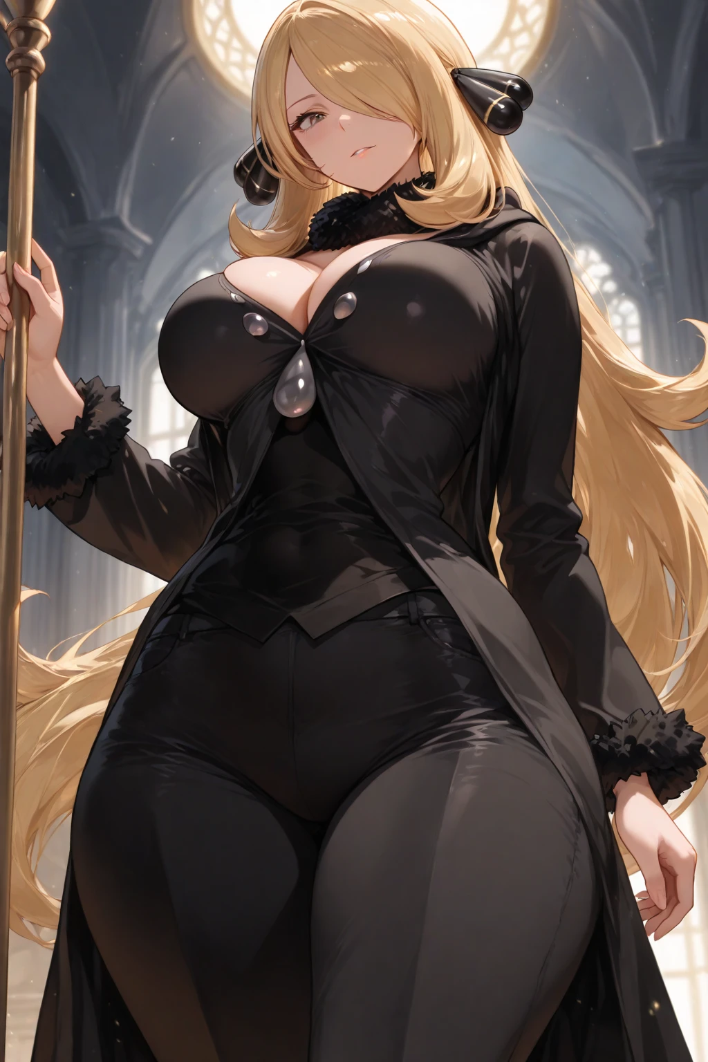 a heavenly succubus. Her complexion should be delicate and pure, like the very angels themselves. Soft, light colors for her hair and complexion, think shades of blonde, pink, and white. She should be an absolute vision of radiance, absolutely heavenly in appearance. Give her an air of elegance and grace, and a motherly figure that hunts the streets for her next meal with a warm and wicked smile that hides her voracious depravity. She should be wearing a dress that covers her well yet doesn't hide how curvaceous she is, her voluptuous figure unmistakable even under such reserved clothes. She should look like a paradox of mature and youthful at the same time, as a hint to her true nature.