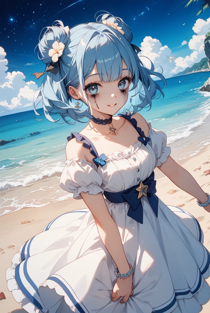 Ocean、blue sky、One girl、Pink and light blue hair、bangs、Big Eyes、White dress、Straw hat、Looking this way and smiling、Highest品質, High definition, Ultra-fine, Highest_detailed