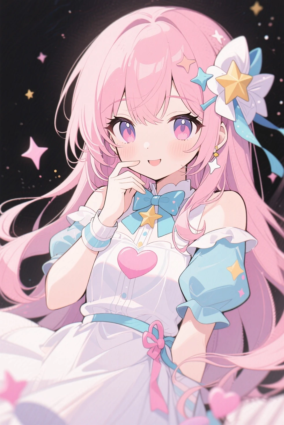 Micho pink and White style, Simple Line Initialism，Abstract art，(((The most beautiful girl of all time))), Sweet face. colorful hearts, funny design, (((bosom buddy ))), (((Cute Aliens))), The background is space