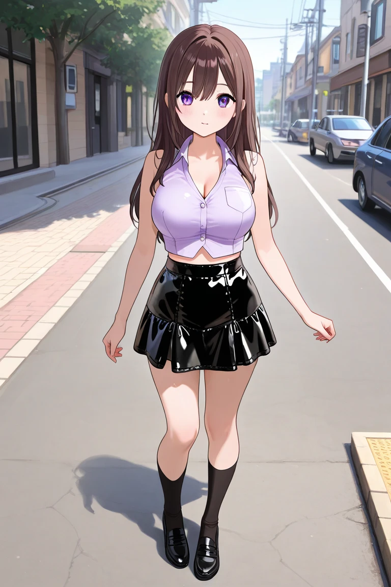 1 girl, very big breasts, very sexy body, 1 girl in, a smile, looks at the viewer, black shirt, super short white school miniskirt, full body, giant breasts, cleavage, giant breasts, heels, background in the mountains 1 girl , with big breasts. long legs QUEEN huge tits, (cleavage), high legs, (standing), sexy and muscular body. short skirt.4k hd