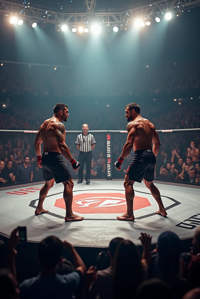 Tiens-moi une image d'un combattant de MMA face à un judoka dans un octogone sous les feux des projecteurs