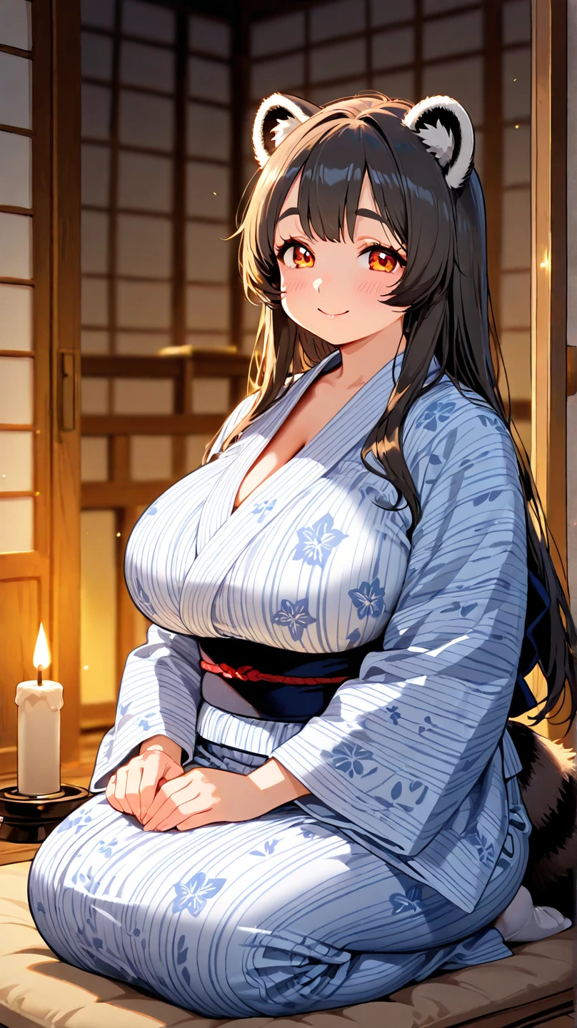 (top-quality: 1.3), (​masterpiece: 1.3), (Super Detail: 1.3), (wall-, one girls: 1.1)、(Detailed hands and fingers:1.2)、(Detailed ultra-oily shiny skin:1.1)、(Yukata at the ryokan:1.2)、Brown hair、Longhaire、Straight hair、Beautiful sister、ssmile、(Ryokan rooms:1.2)、(Beautiful Large Breasts:1.3) 、traditional Japanese room、sexypose、is standing