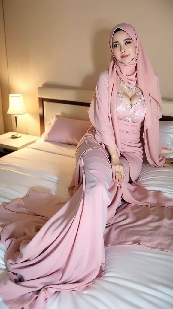 (Best quality, high resolution, masterpiece: 1.3), a beautiful malay woman in hijab, big breasts, 25 years old , slim body abs, tall , sitting on bed, cross legs , ((gigantic breast:1.3)), beautiful lady, Nikon Z 85mm, ((best quality)) ((masterpiece)), intricate detail, ((almost )), sharp focus, professional, realistic, real life, hyperreal, photorealistic, fine detail, best quality, very Detailed CG unity 8k wallpaper, perfect artwork, Full body, glowing eyes, realistic, perfect female hourglass figure, thin waist, wide buttocks, looking at viewer, extremely delicate and beautiful, best quality, beautiful detail girl, beautiful eye detail, face lighting, film lighting, perspective, revealing buttocks, perfect collarbone, realistic facial expression, (exquisite detail, makeup, (exquisite beautiful exquisite face, delicate and beautiful eyes, a face with perfect proportions, high-detailed skin,((wearing tight pastel floral malay gamis with closed hijab)), diamond necklace, ((closed clothes), ((polite clothes)), luxury hotel bedroom, dynamic pose, shy smile on the bed, 25 years old, big breasts: 1.4, wearing Floral Silk Tight Malay Gamis Pastel Close Up Tight Hijab, Full Body, Beautiful Shy Smile, Wearing High Heels, In Luxurious Bedroom