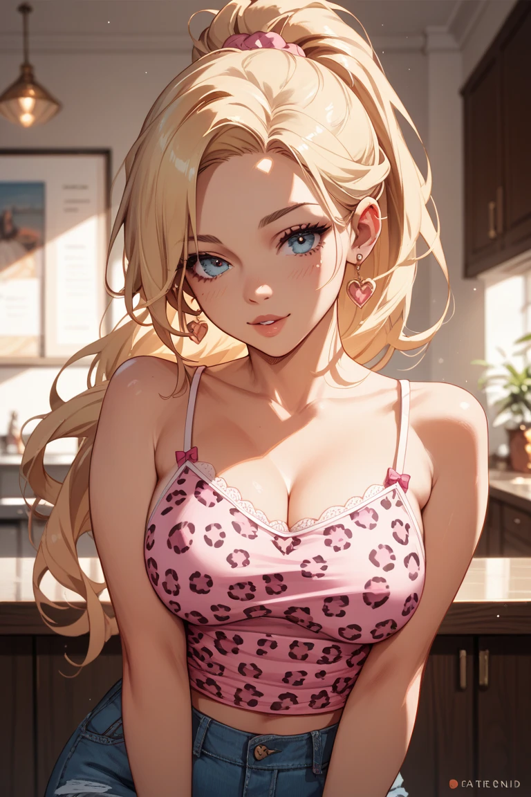 (best quality,4k,highres,ultra-detailed,realistic:1.2), woman, small breasts,short blond hair with a pigtail and bangs, flat abs, raimbow lace bra, earrings , necklace out, in a vintage japanese house, yakusa tattoo, topless