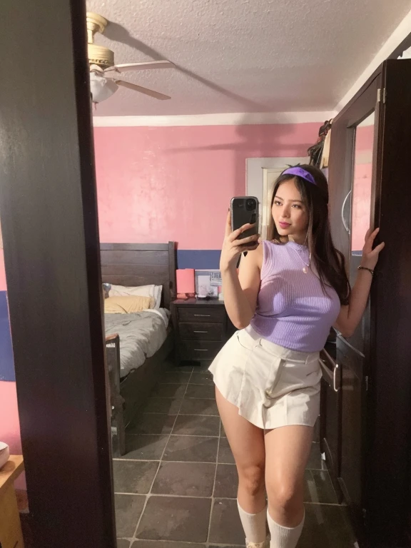 Absurd resolution, high resolution, (masterpiece: 1.4), hyper-detail,, (mirror selfie) a cute goth Asian babe with red hair squats in ((cute outfit)), fertile body, sneakers