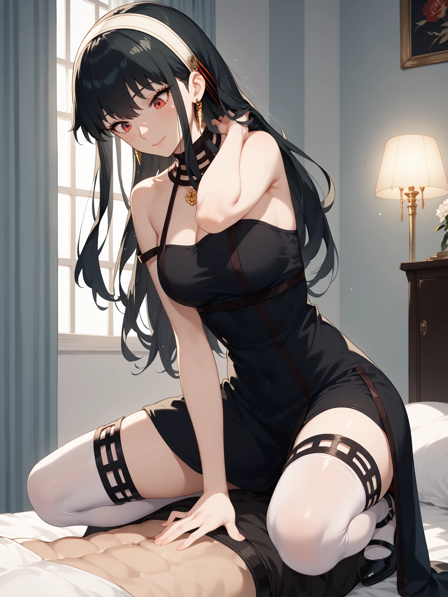 ((One girl)),((alone)),Yor Forger, (masterpiece), (Highest quality), (Super detailed), (Best illustrations), Put your arms behind your head, sideの下, Sweat, ,side,sideSweat, Red eyes, Black Hair, Two long strands of hair, Exposing shoulders, clavicle,(White headband, hair ornaments, Red eyes, Black Hair, Long Hair, Gold earrings, choker),Black Dress, Tight Dress, Black gloves, Ahegao, blush,