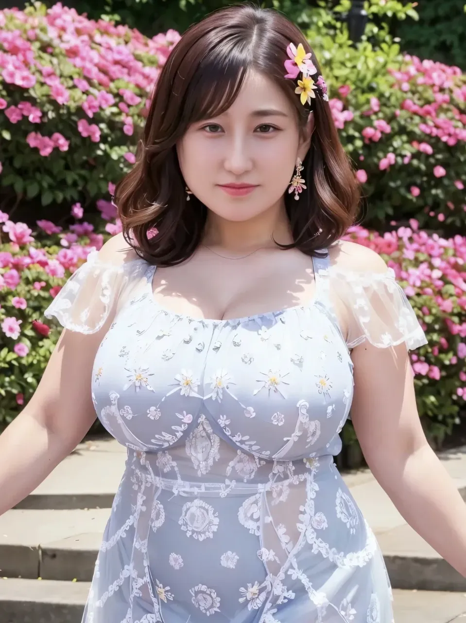 A beautiful and hot almost chubby mature woman.who is wearing a patterned short dress and is and standing in the park. A smiling face、sexy woman、A radiant smile、adorable、race、Frills、Colorful design、Full-length mirror、An inviting gaze、Gorgeous long and beautiful hairstyle、variation Hairstyle、Open neck blouse、Flower Garden、Sparkling、Elegant Princess