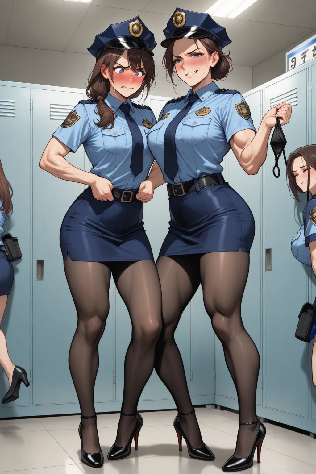 (High quality, High resolution, Fine details, Realistic), Locker room, Women police officers' clothing, long pants, solo, Curvy women, sparkling eyes, (Detailed eyes), smile, blush, Large breasts, Sweat, Oily skin, Shallow depth of field, naked, masturbation (Play dildo with 3 girls), details breast, details vagina, details body, squirting, masturbation klimaks