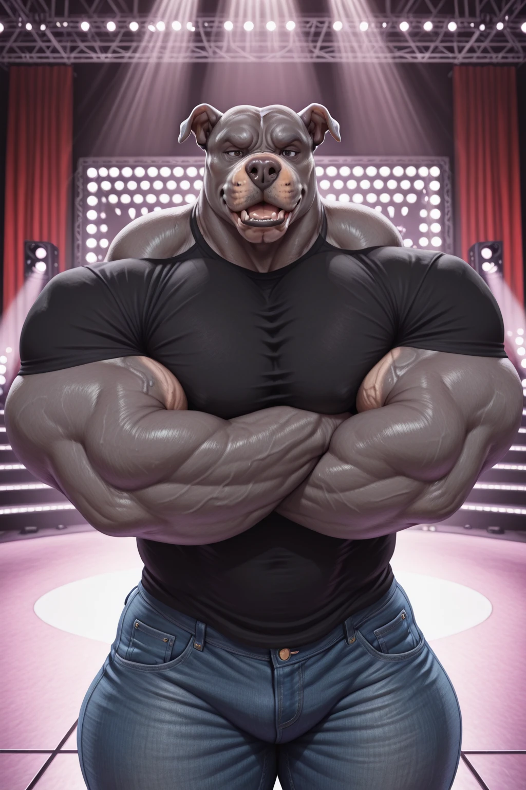 (drone,solo, male, , scales, detailed face, detailed eyes, （hyper muscles:1.5）, hyper pecs, thick thighs, , plain background,jeans，，，（Huge bulge：1.5），floor，corruption)), black glowing liquid，（((Doberman