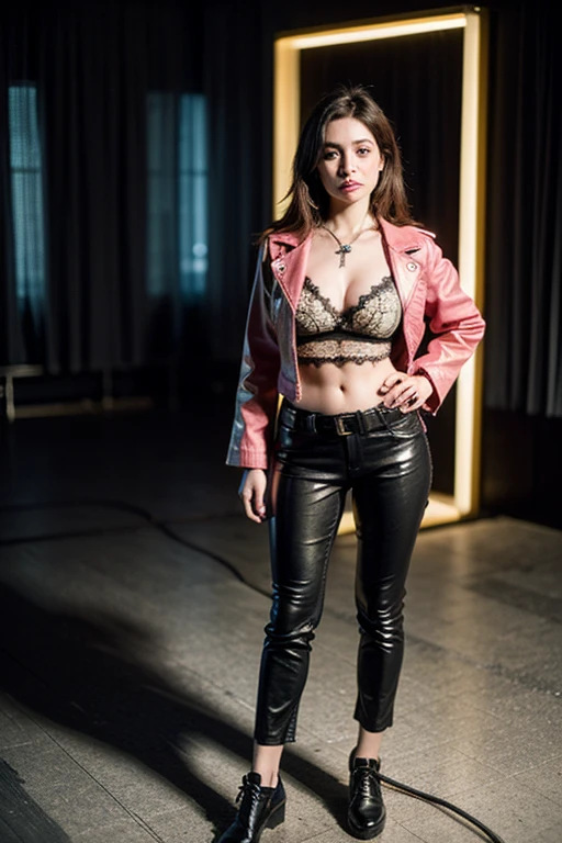Albanian girl with red hair, black leather jacket,  stripping on stage concert 