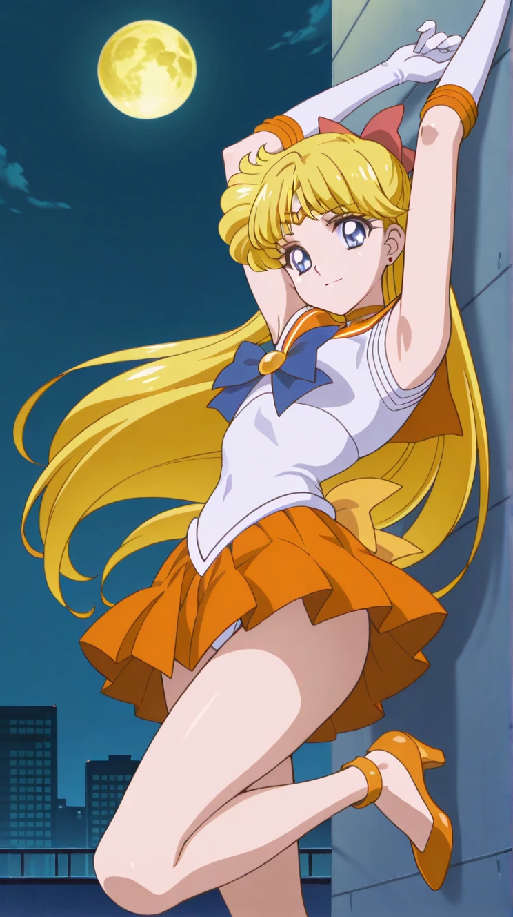 masterpiece, best quality, high resolution, venus1, 1 girl, solo, senshi sailor uniform, sailor venus, aino minako, blonde hair, magical girl, blue eyes, orange ultra mini skirt, elbow length gloves, tiara, pleated skirt , hair bow, orange sailor necklace, ultra mini skirt, choker, red bow, orange choker, white gloves, very long hair, jewelry, earrings, climbing the stairs up, close-up, smile, cowboy shot, sailor senshi uniform, sailor collar, pleated skirt, elbow gloves, in back pose, show her booty, backwards, no thong on big booty, full body, aausagi, close-up booty, climbing the stairs in backwards, slim girl, skinny girl , big booty.  (BACK POSE)