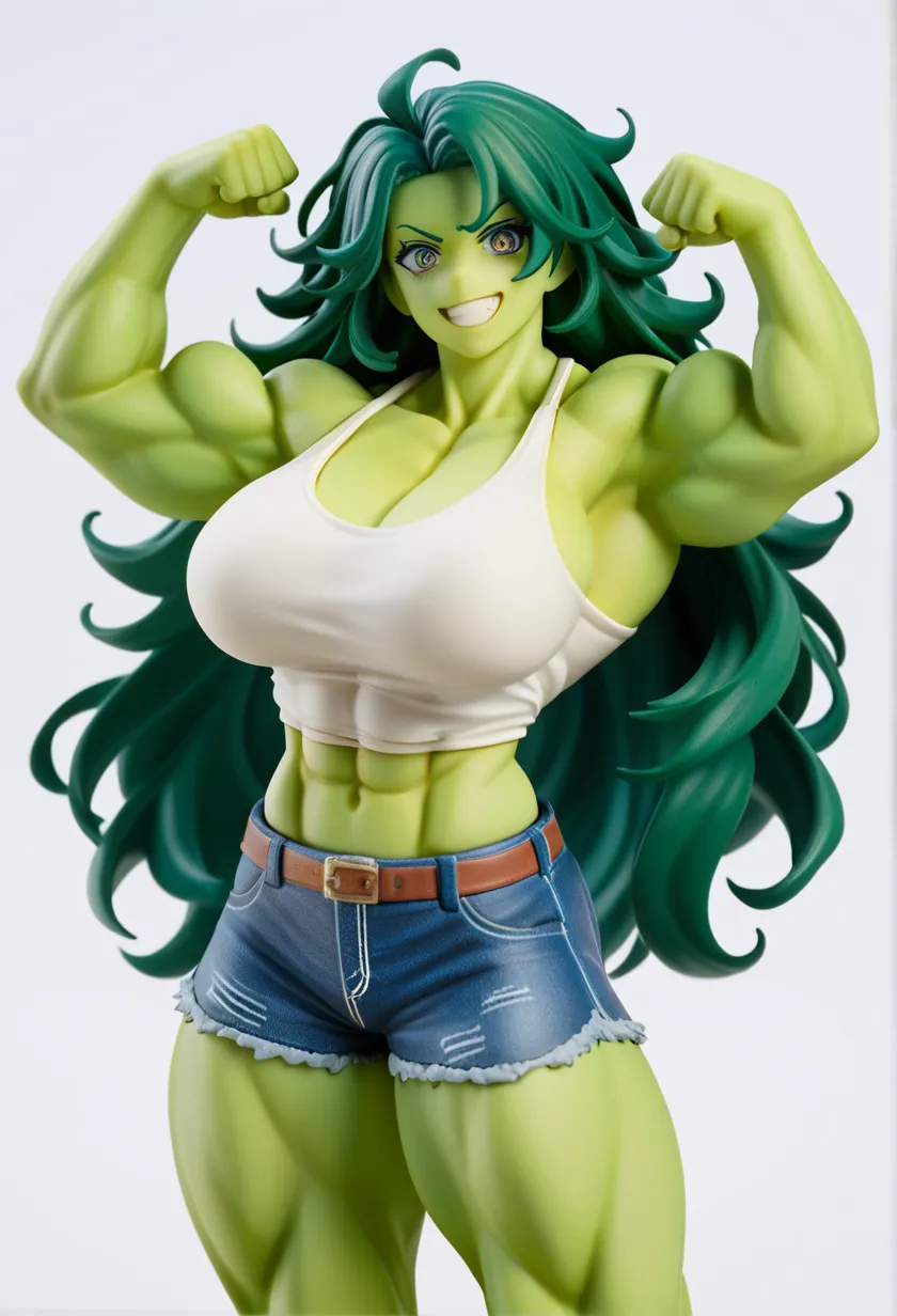 bfwf, (wallflower blush:1.3), my little pony, g4, (equestria girls), solo, human, colored skin, green skin, brown eyes, green eyeshadow, eyelashes, freckles, expressionless, closed mouth, green hair, long hair, muscular female, huge muscles, vein bulge, busty, huge breasts, trapezius, collarbone, pectorals,  armpits, deltoids, biceps, triceps, forearm_muscles, hands, palms, fingers, 5 fingers, serratus, abs, obliques, linea alba, navel, wide hips, butt, quads, thick thighs, calves, feet, toes, toenails, soles, clothing, red underwear, turtleneck sweater, long sleeves, midriff, denim pants, white socks, standing, flexing, simple background, score_9, score_8_up, score_7_up, score_6_up, score_5_up, score_4_up, rating_explicit, spotlight