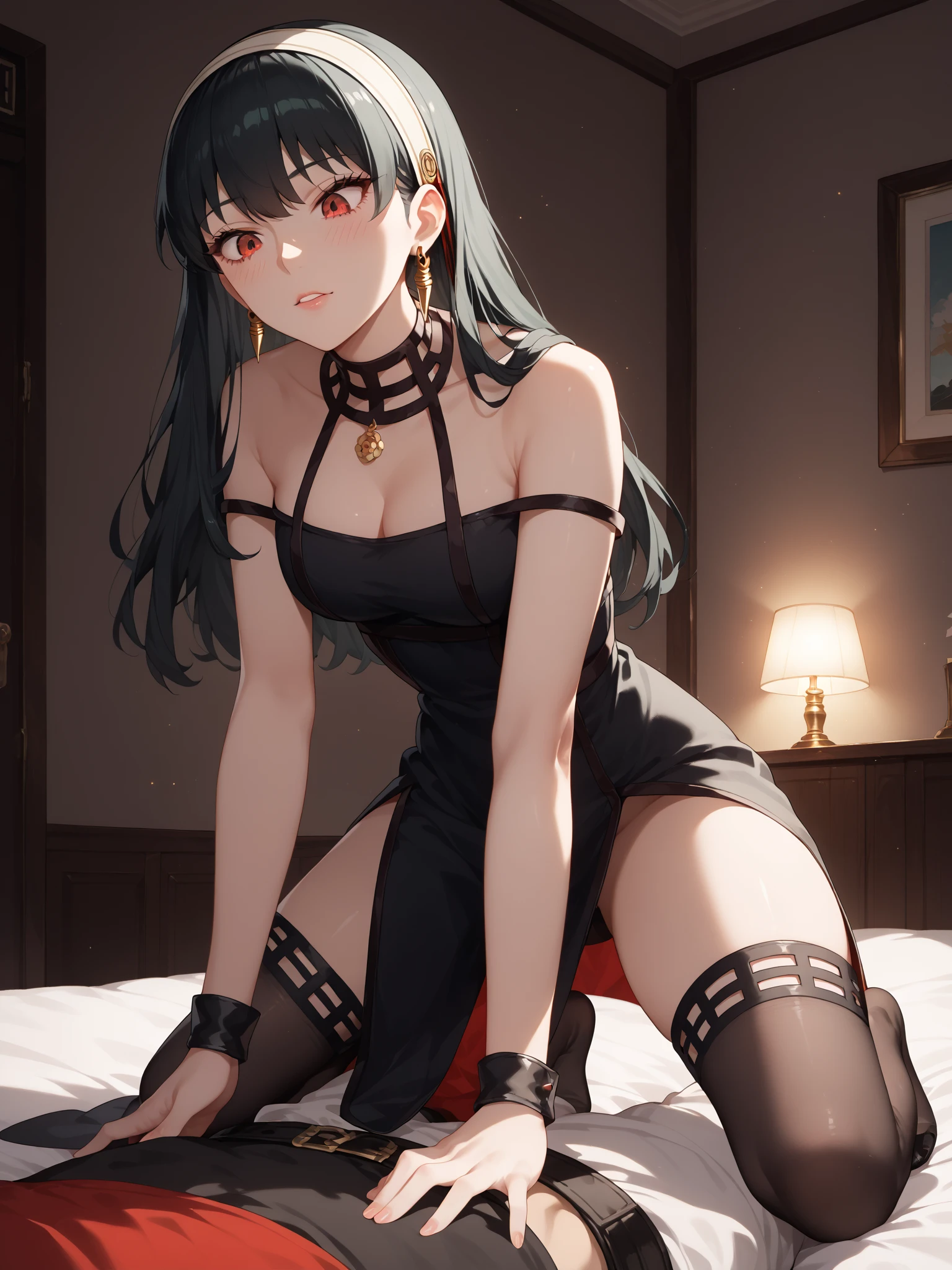 (Realistic:1.3), (photoRealistic:1.2), (masterpiece:1.2), (highest quality), (Detailed skin:1.3), (Intricate details), 
One girl, 20 year old, 
Detailed skin texture, (blush:0.7), (Ultra High Definition Face:1.2), (Cumming face), 
Black Hair, Straight Hair, medeum long hair, Calm hair, bangs, Hair between the eyes, Hair volume is low, 
Sparkling blue eyes, Lens Eye, Light reflection on the eyes, high light in the eyes, Symmetrical eyes, Eyelashes, 
Two arms, Two joints in the fingers, 
((Depict from thighs to head)), Wearing dress with Side slits, Sleeveless, Clothes with open chest area, A skirt parts of dress is not long, Tight clothing, back cloths is short, ((Whitish pink g-string panty)), thongs, 
(On the bed), ((With legs apart)), Fingers between her legs, 
(((Open her legs very wide))), Do not hide her breasts, ((she touch her vagina)), (big boobs), show me her vagina, small nipples, ((insert a vibs toy into panty)), 