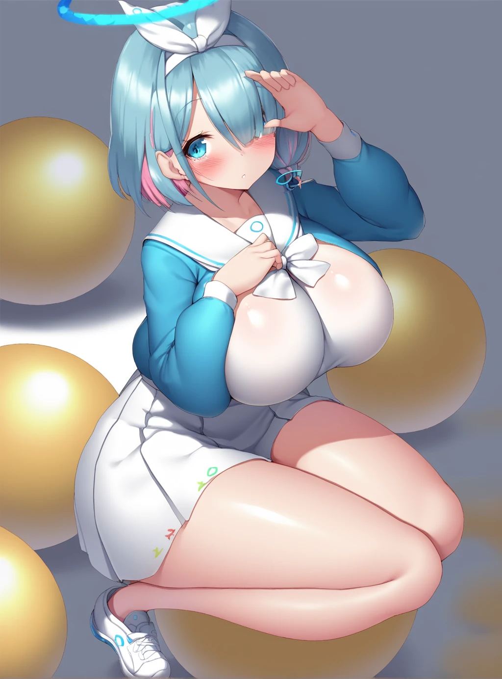 one person、、Kindergarteners、、、、Short Bob、Bangs、Headband、ribbon、Gray Hair、Magical Girl Cosplay、Blue and white theme、A heavy blue and white dress、race、Frills、Falling with legs apart、Pussy、Thick white love juice、Drip a large amount of love juice、blush、smile、See-through clothing、Masturbation、masturbation behavior、Picking Pussy、、(Huge breasts:1.2)、Massage the breasts、Sweat、orgasm、Climax、Cute patterned underwear、Low - Angle、Nipples show through the top of clothes、Underwear wedgie、Pull up your skirt、M-shaped legs、fall down