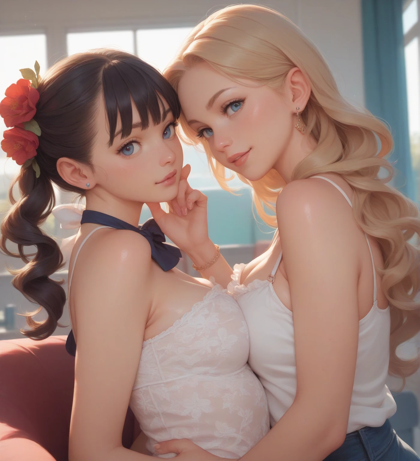 (2 girls),((Yuri))),((Eye contact))),(Look at each other),eating ice cream,out your tongue,sitted,(Best quality), ((tmasterpiece)), (A high resolution), pay,Perfect mature female figure, slim toned body,Original, mediuml breasts,High detail 8K wallpaper, perspired,Wet hair,(very delicate beautiful),Contour deepening, realistically, Precise geometry, Complicated details, eat an ice cream,Smiling, Close-up cleavage,(Fechin Oil Painting - Fechin Oil Painting , oil painted), 03