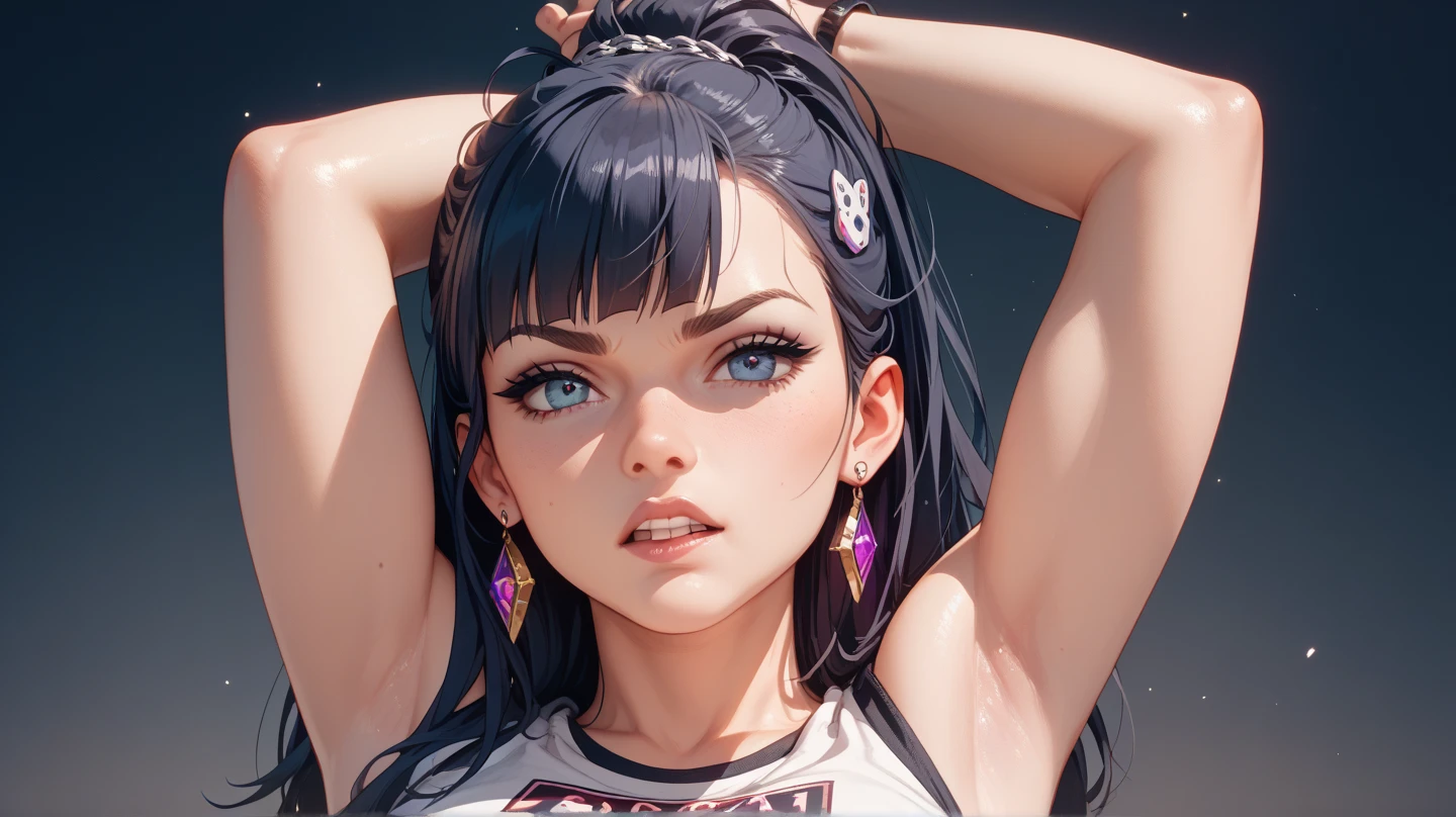 最high quality、best image quality、masterpiece、teenage girl((18-year-old、 by becoming、vest bust、medium bust,wide open breast tea、black eye, black hair、long hair、thin,highest valley、cute makeup、punk clothing、best smile、blue face paint、Yellow face paint、Pink face paint、distressed jeans、distressed jacket、black sports bra、model pose)),high quality、beautiful art、background((white room、large room、white luxury convertible car)),pieces fly、Depth of written boundary、movie、visual art、perfect art、