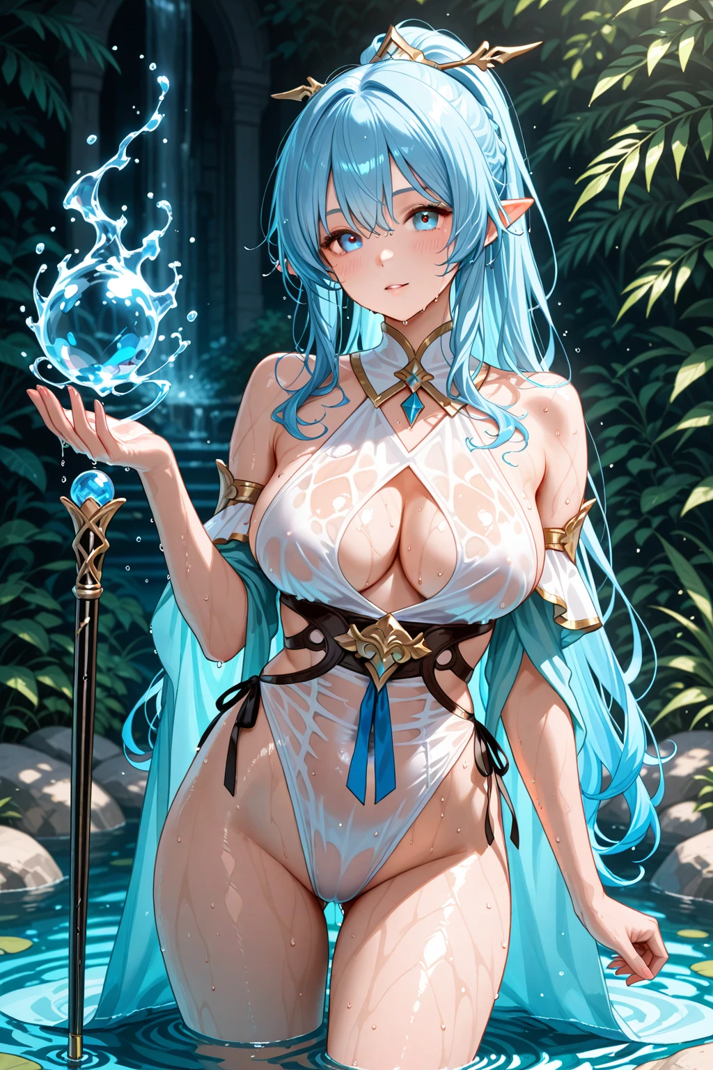 fantasy, 1lake_elemental_girl,(right_skin:0.9), (using_water_clothes:1.1), water,(wet:1.2),see-through_clothes_covered_breasts, see-through_clothes_covered_pussy,covered_nipples,(soft_large_tits:1.1), walking, smile,half_eyes, sleepy, medium_up_style_hair, navel oil, (water_around_torso:1.1), pondside_background, gold_headgear, aquablue_cloak, spread_arms, large_staff, slender_thighhighs,solo,(pelvic_curtain:1.2), tabard,(plump:0.7),cowboyshot,(open_legs:1.4),pussy,splash