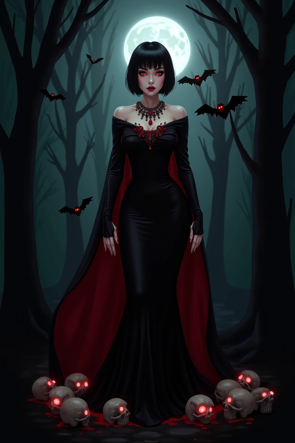 Sexy older sister Black and red hair(7:3) villain Vampire Queen Blood aura Black and red dress Overwhelming power red aura Cute and cool Are standing