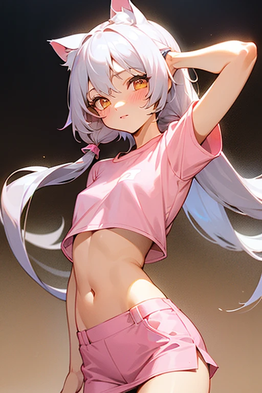 1girl, silver hair, golden eyes with pupils, ((skinny)), ((petite)), short, small, ((neko)), (cropped solid pastel pink tshirt), long hair, short skirt, (((???))), cat ears, happy, blush, flat chest, midriff, at school, tummy