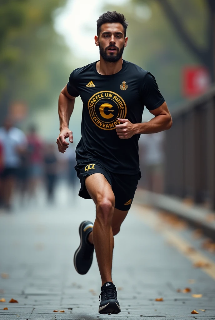 A photograph of a running  and god with a red, white and yellow flag in the background