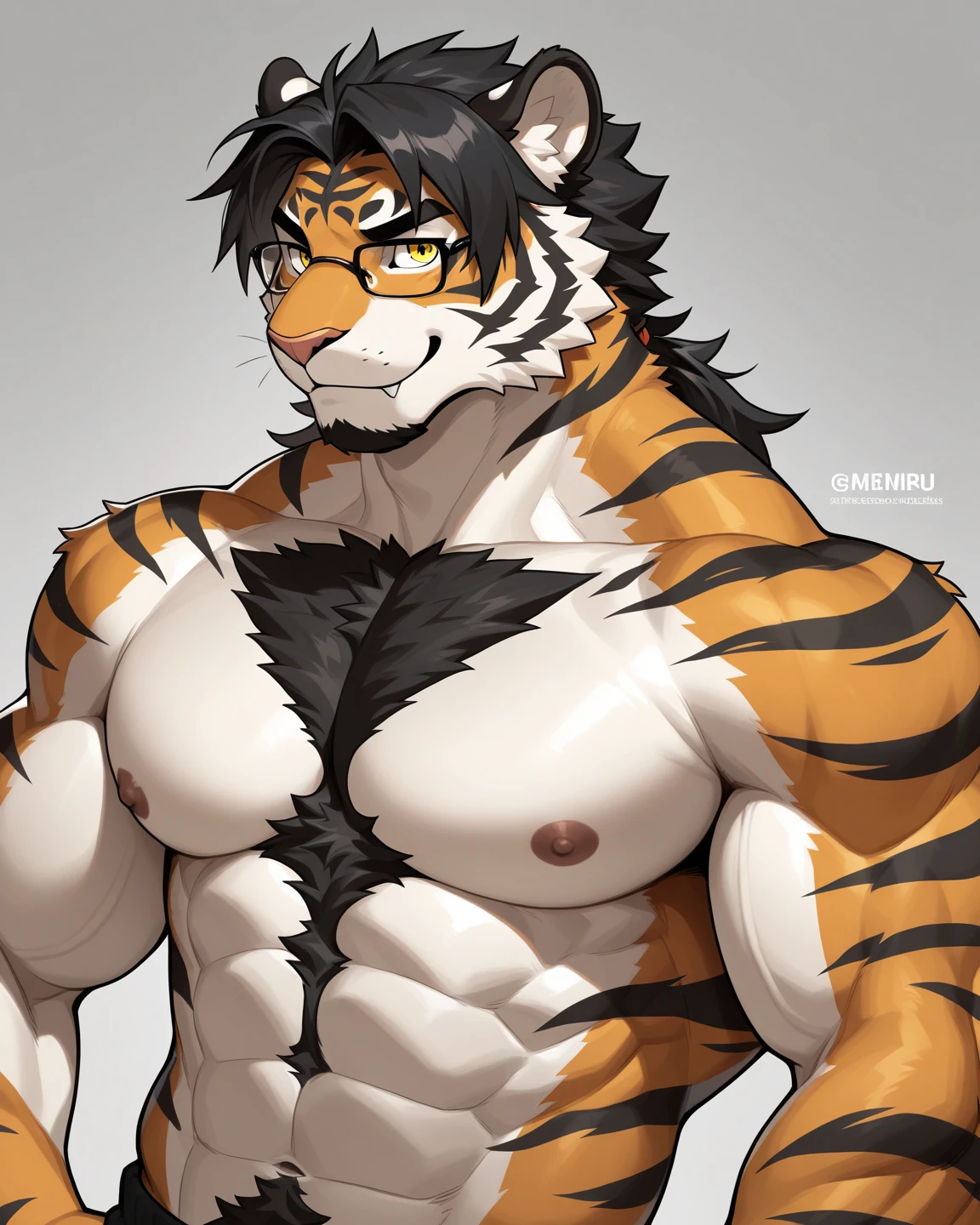 tiger, 1 boy, solo, furry, light-white fur, red fur, anthro (tiger), male, middle-aged, red body, white belly, black beards, tail, muscular, high quality, super detail, 1080P, high quality, best quality, 8k, super detail, 16k, highres, HD, 16k, highres, HD, natural lighting, right hand hold bulge, jockstrap, nipple piercing, white background, perfect body, perfect face