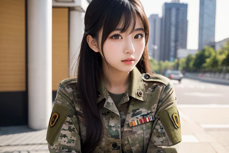 a woman with serious face and closed mouth, round face, (red beret hat with golden eagle medal in the front middle)( at militar camp:1.6), ((militar uniform:1.8)),(condecorations:1), RAW photo, (photorealistic:1.37, realistic), highly detailed CG unified 8K wallpapers, looking at viewer, (((straight from front))), (HQ skin:1.8, shiny skin), 8k uhd, dslr, soft lighting, high quality, film grain, Fujifilm XT3, ((upper body:1.6)),
