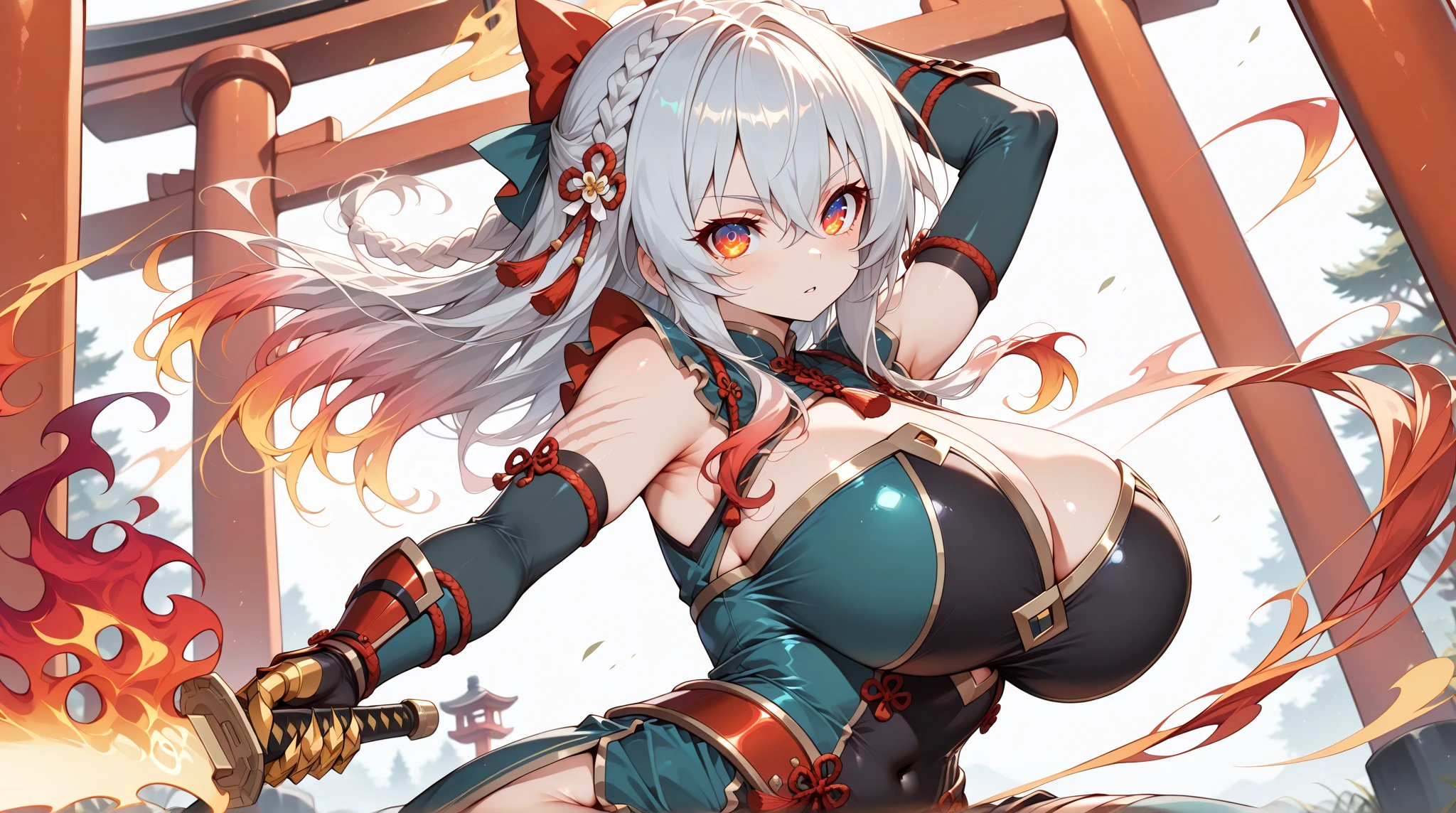 (holding a Japanese-style fan)、(red cat eyes)、Solo,Silver hair、(twin tail hair:1.5)、(ONI horns)、girl with horns、(SAMURAI),High Leg Armor、(((Japanese armor)))、(((Fishnet tights)))、cleavage、big breasts、 ferocious smile,open your mouth and laugh、fang、Japanese shrines、torii、sunset time