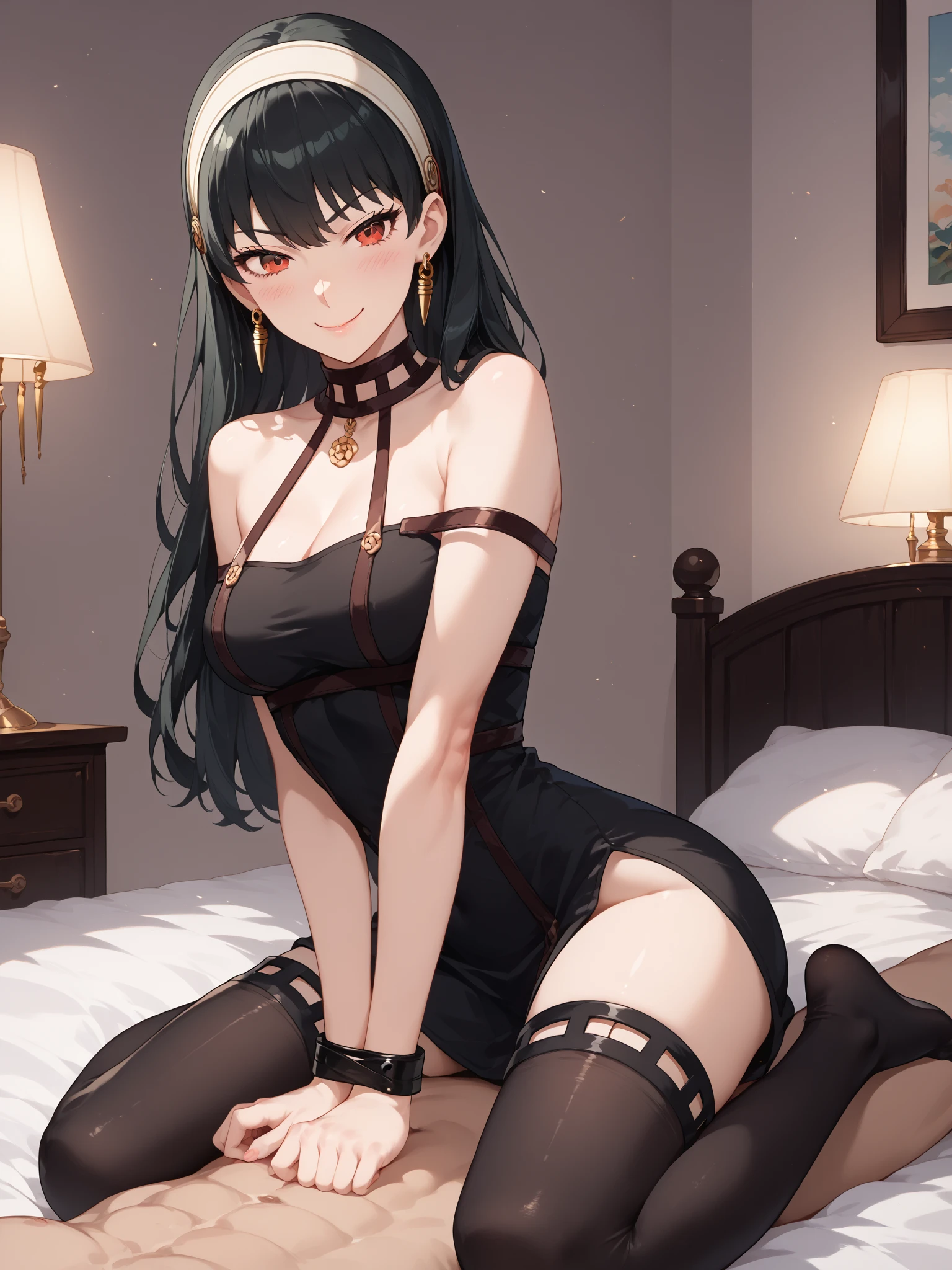 master piece, 1 girl, green eyes, long black hair, mature figure, black dress, sitting on a bed, thick thigh, sleeveless