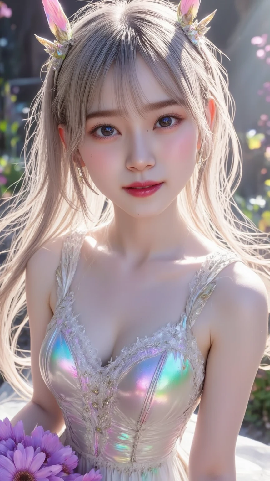 1 Girl, Beautiful, Baby Face, 20 Years Old, White Skin, Colossal Chest, Sexy Pose, ((transparent hot lingerie)), sleeveless, Blue Eye, raised arm, Bokeh, Modern Outdoor, Pastel Colour, ((grey straight, Silver Hair)), attractive, seductive, perfect waist, navel beautiful, outdoor, blue sky, clouds, sunrise, looking your side 