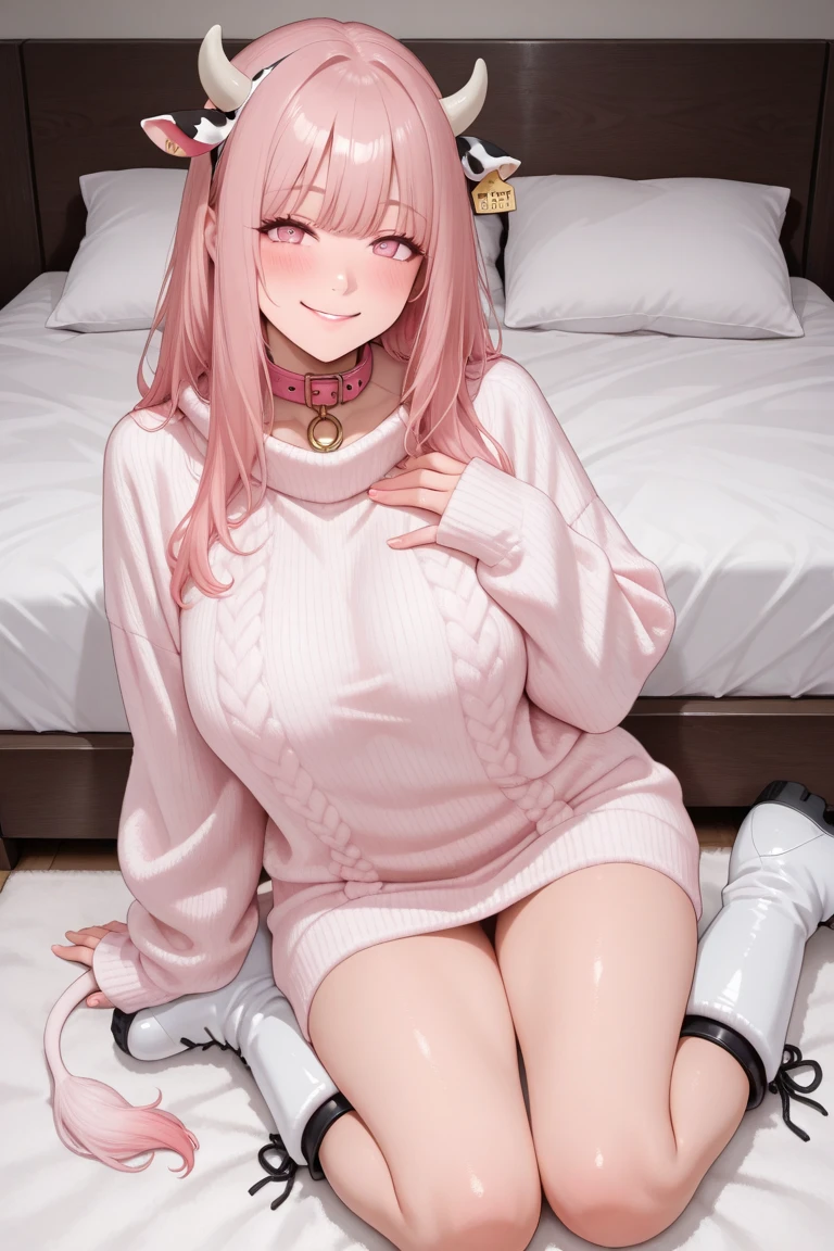 1 person 20 years old female　glamorous　big breasts　pink hair color　head band　tight sweater　mini skirt　on the bed　pink eyes　smile gently