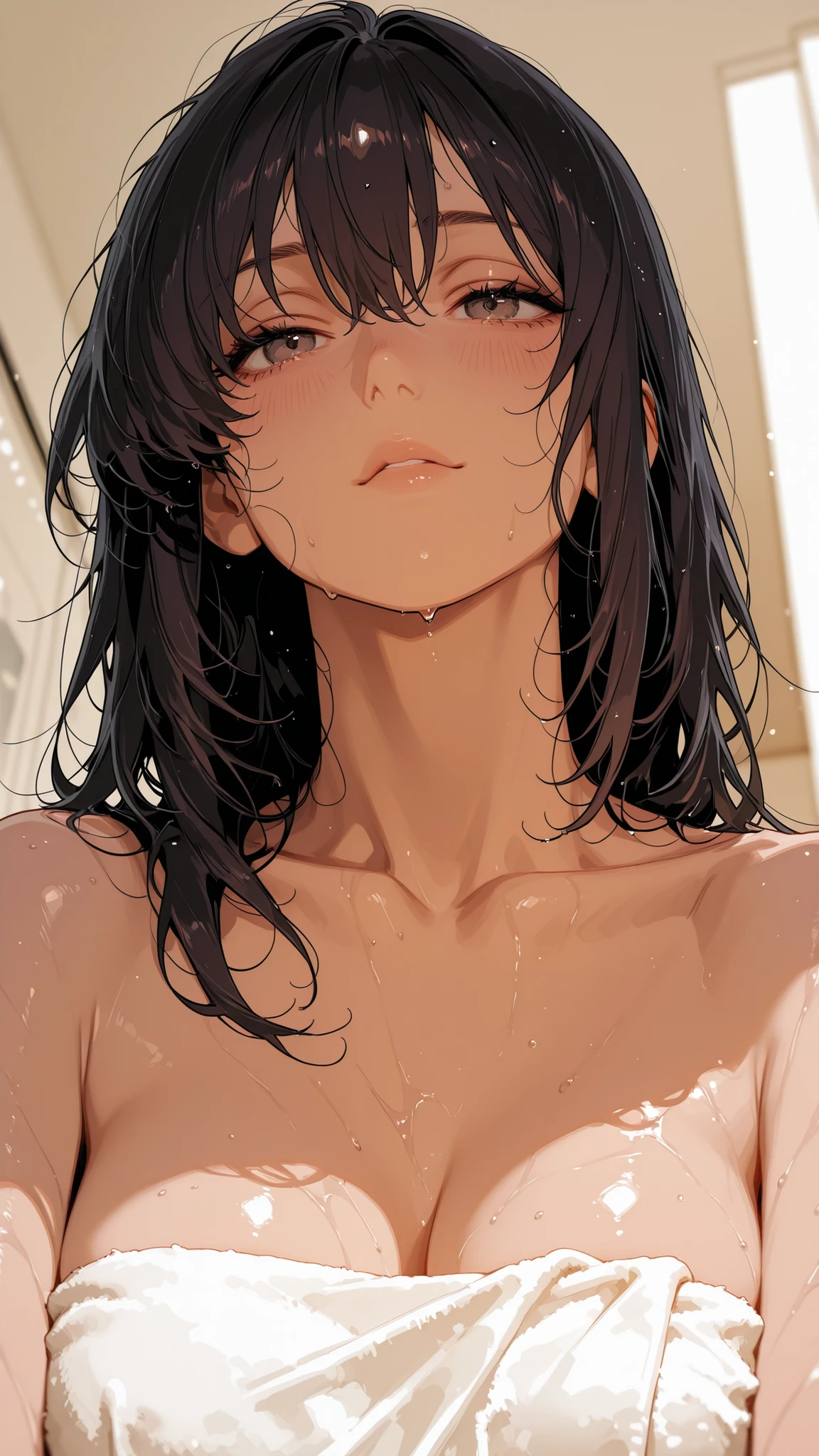 score_9, score_8_up , score_7_up , score_9,Score_9, Score_8_up , Score_7_up ,A close-up, low-angle upward shot of a wet-haired woman's partial view, focusing on her exposed breasts and collarbone with a full bust. Her dark wet hair cascades over her left shoulder and chest, while a white towel is draped casually, showing texture and wrinkles. The background is softly blurred in warm tones, creating high contrast with the skin's warmth, dark hair, and pure white towel, evoking an intimate and sensual atmosphere