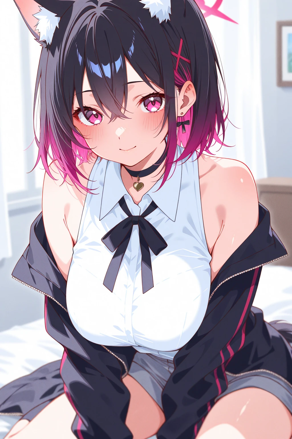 A woman trying to lick his dick, mouth open and tongue sticking out, naughty face, slightly above angle, wearing Japanese , miniskirt, unbuttoned to reveal sexy bra Doing, erotic, porn, a picture, pleasure, crawling on all fours,